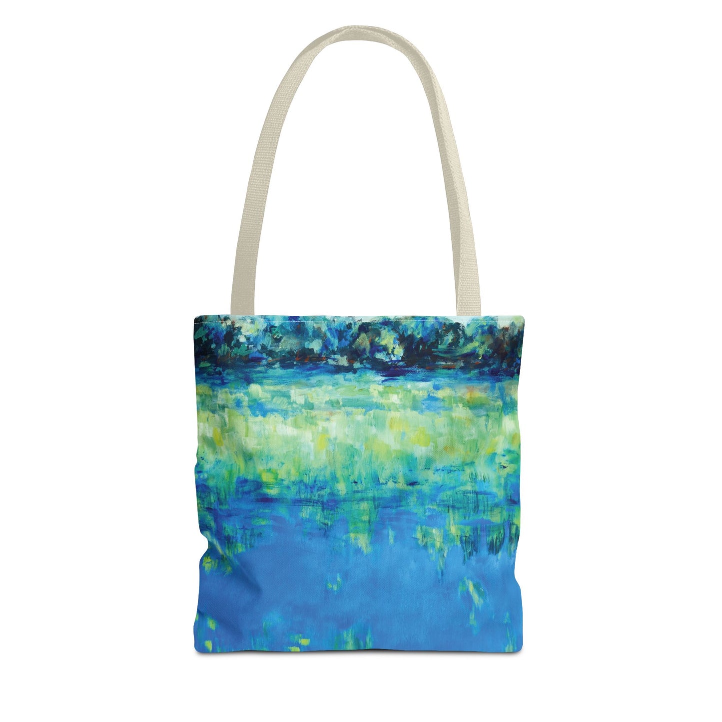 Blue Green Landscape Nature Art Canvas Tote Bag - Waters Edge 1 by Leslie Karpinski