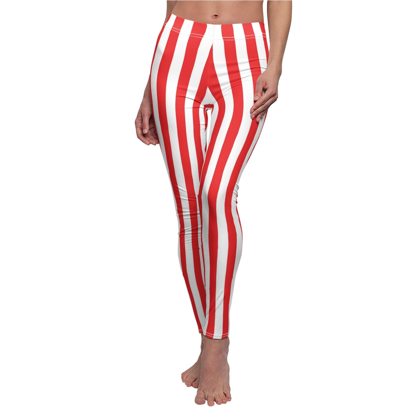 Red White Wide Vertical Striped Womens Leggings Yoga Pants - Saiko Studio