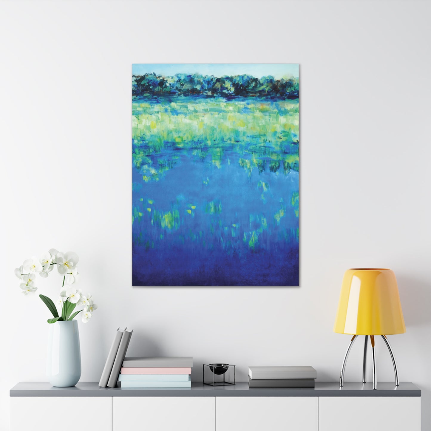 Waterscape Blue Green Canvas Art Nature Water Painting - Waters Edge 1 by Leslie Karpinski