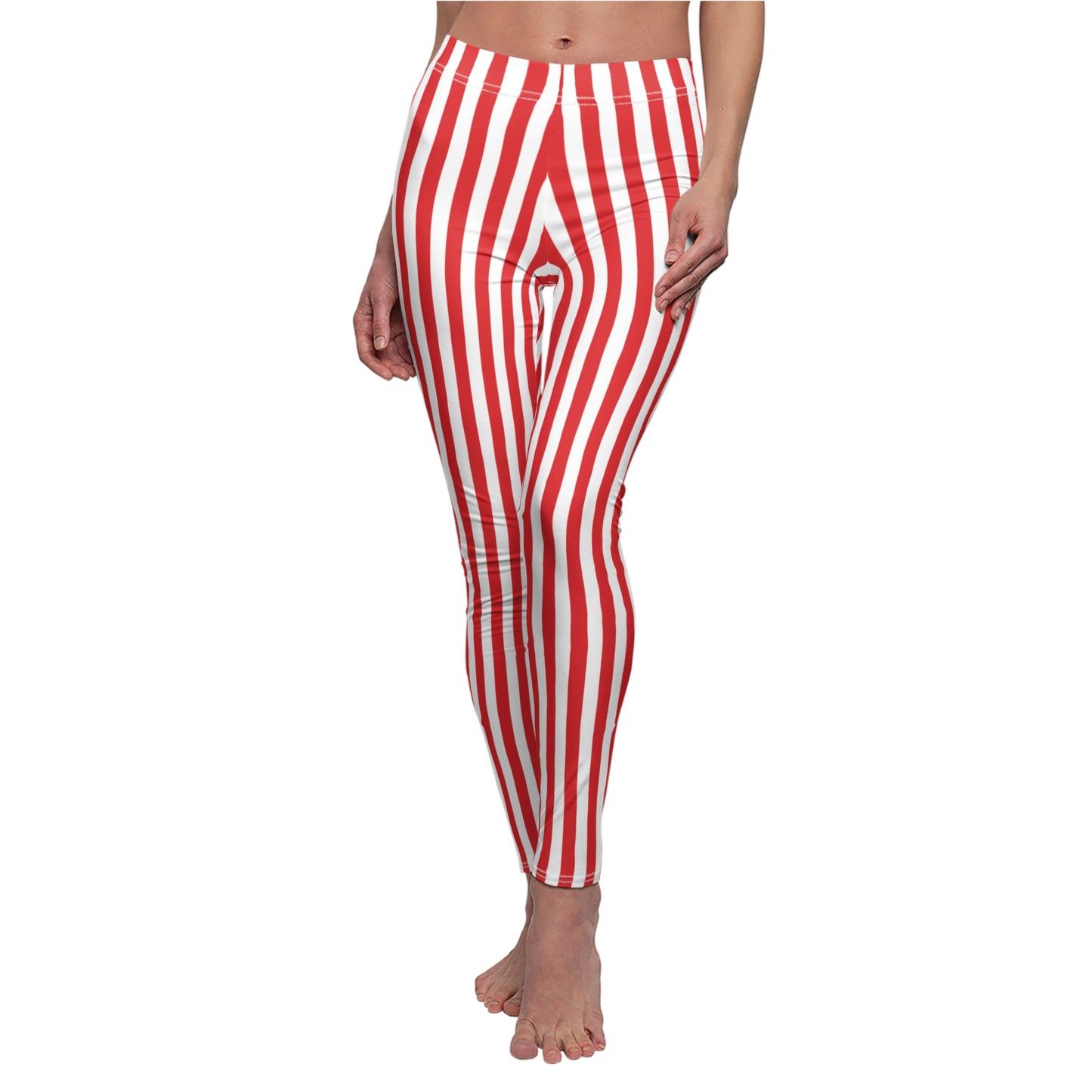 Red White Vertical Striped Womens Leggings Yoga Stretch Pants -Saiko Studio