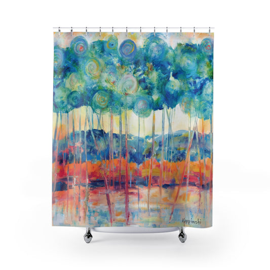 Landscape Blue Orange Tree Nature Art Shower Curtain - Canopy At Sunset by Leslie Karpinski