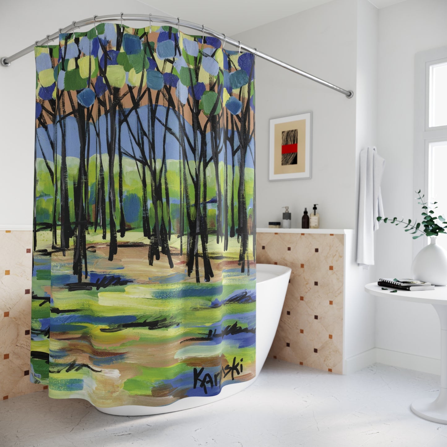 Blue Yellow Landscape Nature Shower Curtain Abstract Art - Island by Leslie Karpinski