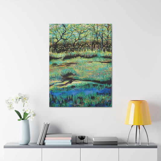 Lake Nature Landscape Wall Decor Canvas Artwork Painting - Cattails at Lake Katherine by Leslie Karpinski