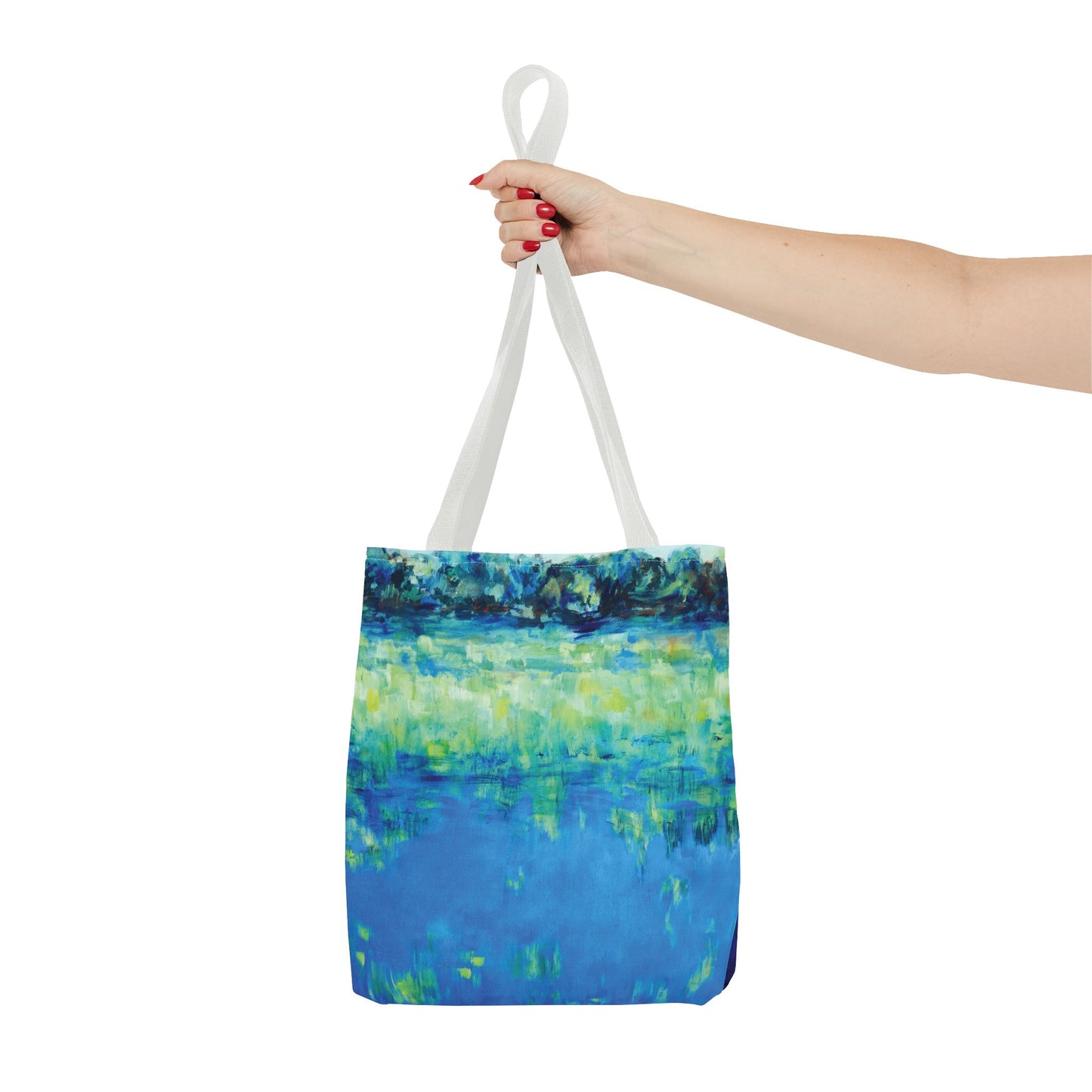 Blue Green Landscape Nature Art Canvas Tote Bag - Waters Edge 1 by Leslie Karpinski