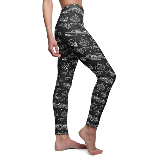 Halloween Skull Bat Hearse Womens Leggings Stretch Pants - Saiko Studio