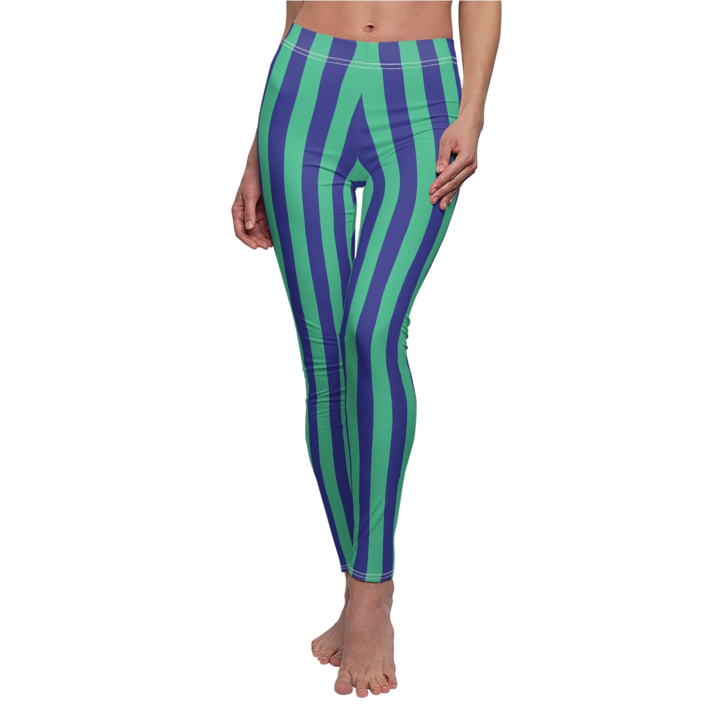 Green Blue Vertical Wide Striped Womens Leggings Yoga Pants - Saiko Studio