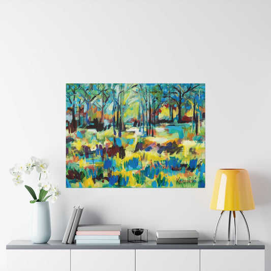 Landscape Nature Tree Abstract Art Print - Color Blast Through Trees By Leslie Karpinski