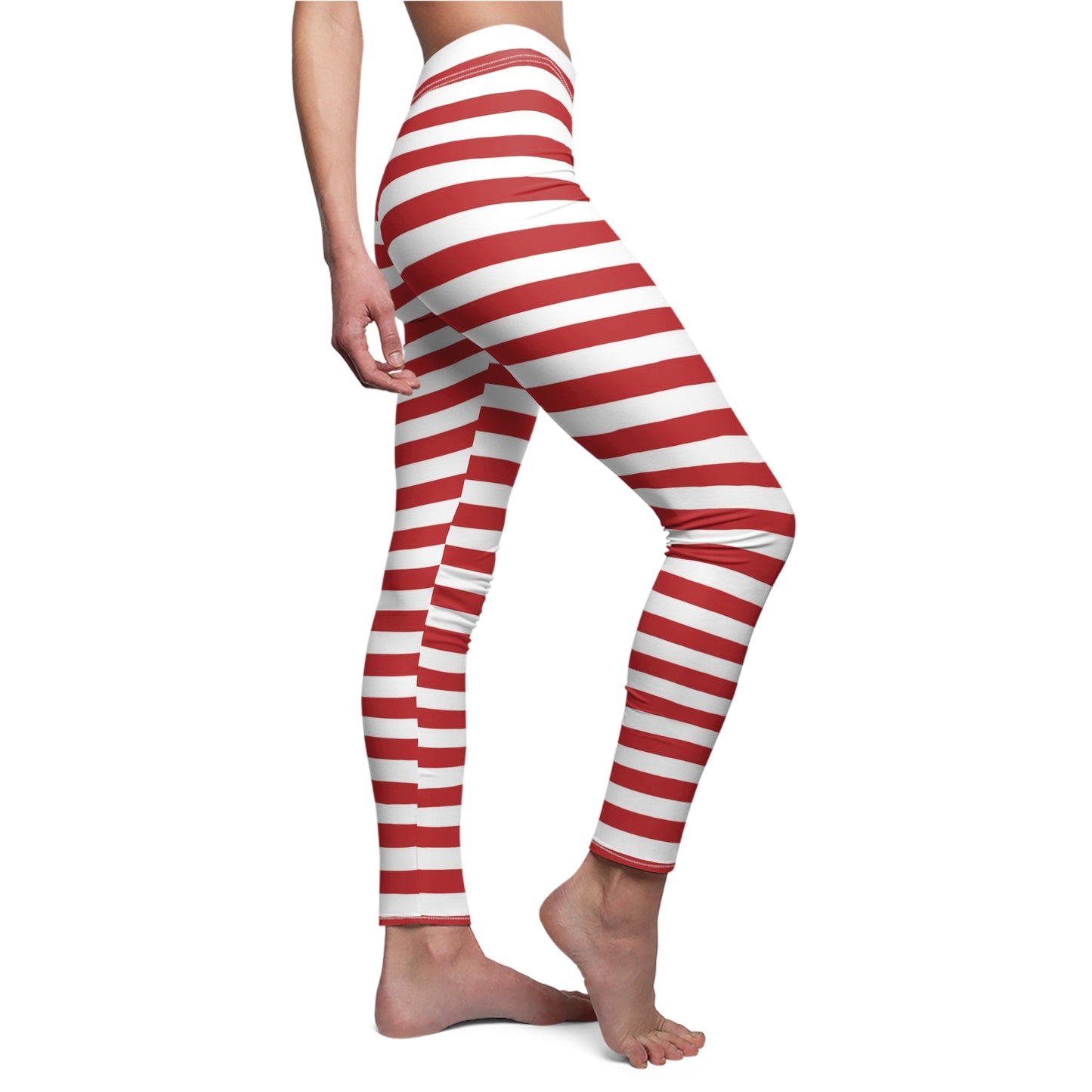 Red White Horizontal Striped Womens Leggings Yoga Pants - Saiko Studio