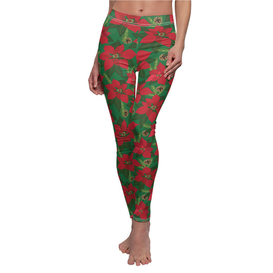 Green Poinsettia Christmas Womens Leggings - Saiko Studio