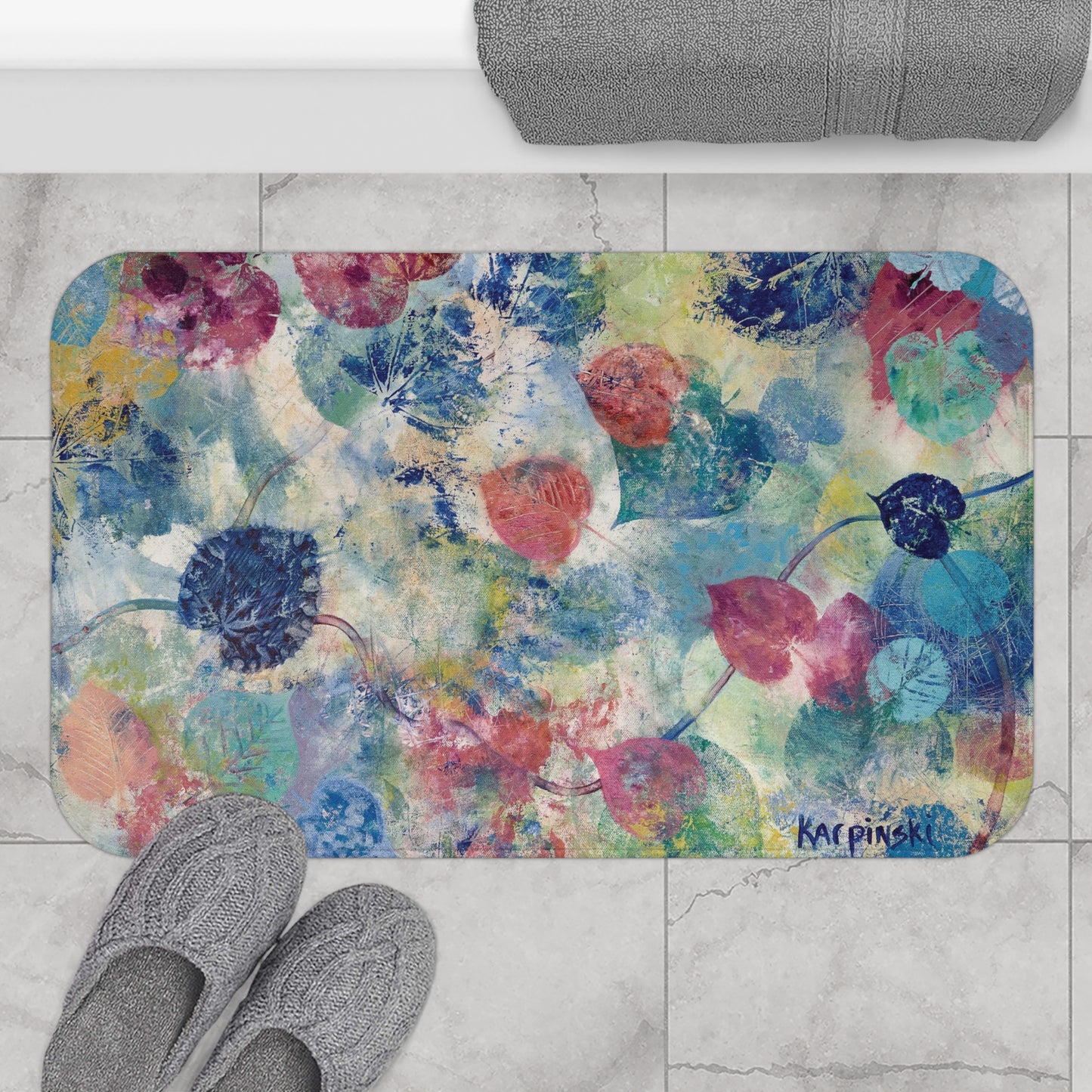 Floral Abstract Art  Memory Foam Non Slip Bath Mat - Red Bud - Leslie Karpinski