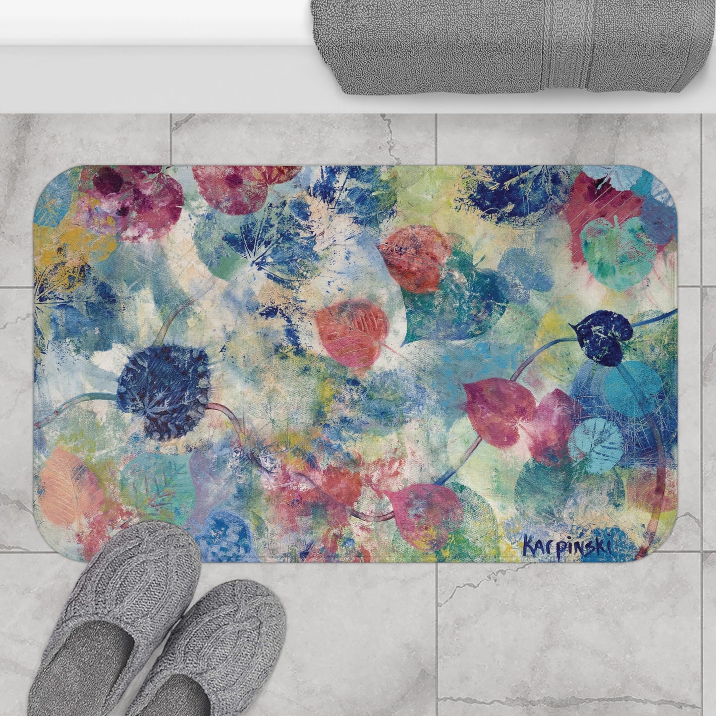 Floral Abstract Art Landscape Memory Foam Non Slip Bath Mat - Red Bud by Leslie Karpinski