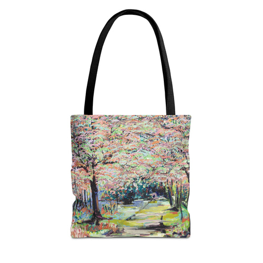 Spring Tree Flowers Landscape Art Tote Bag Canvas Shopping Bag - Path in Reynolda Gardens by Leslie Karpinski