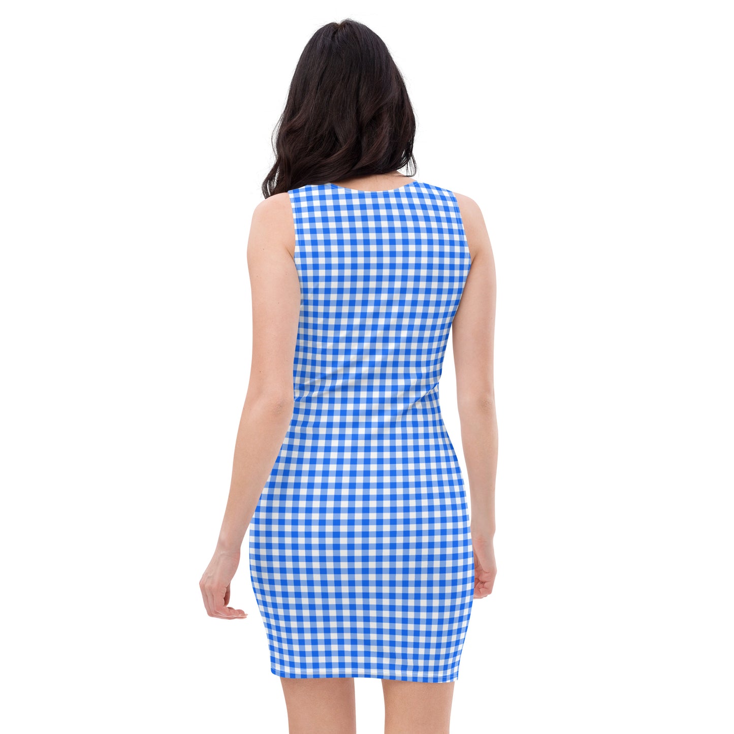 Blue White Gingham Plaid Tight Womens Bodycon Dress - Saiko Studio