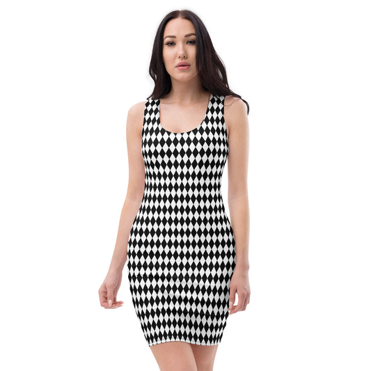 Black White Harlequin Diamond Womens Bodycon Tight Dress - Saiko Studio