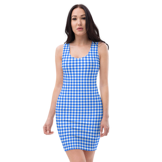 Blue White Gingham Plaid Tight Womens Bodycon Dress - Saiko Studio