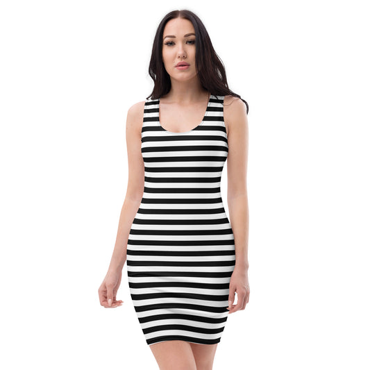 Black White Horizontal Striped Womens Tight Bodycon Dress - Saiko Studio