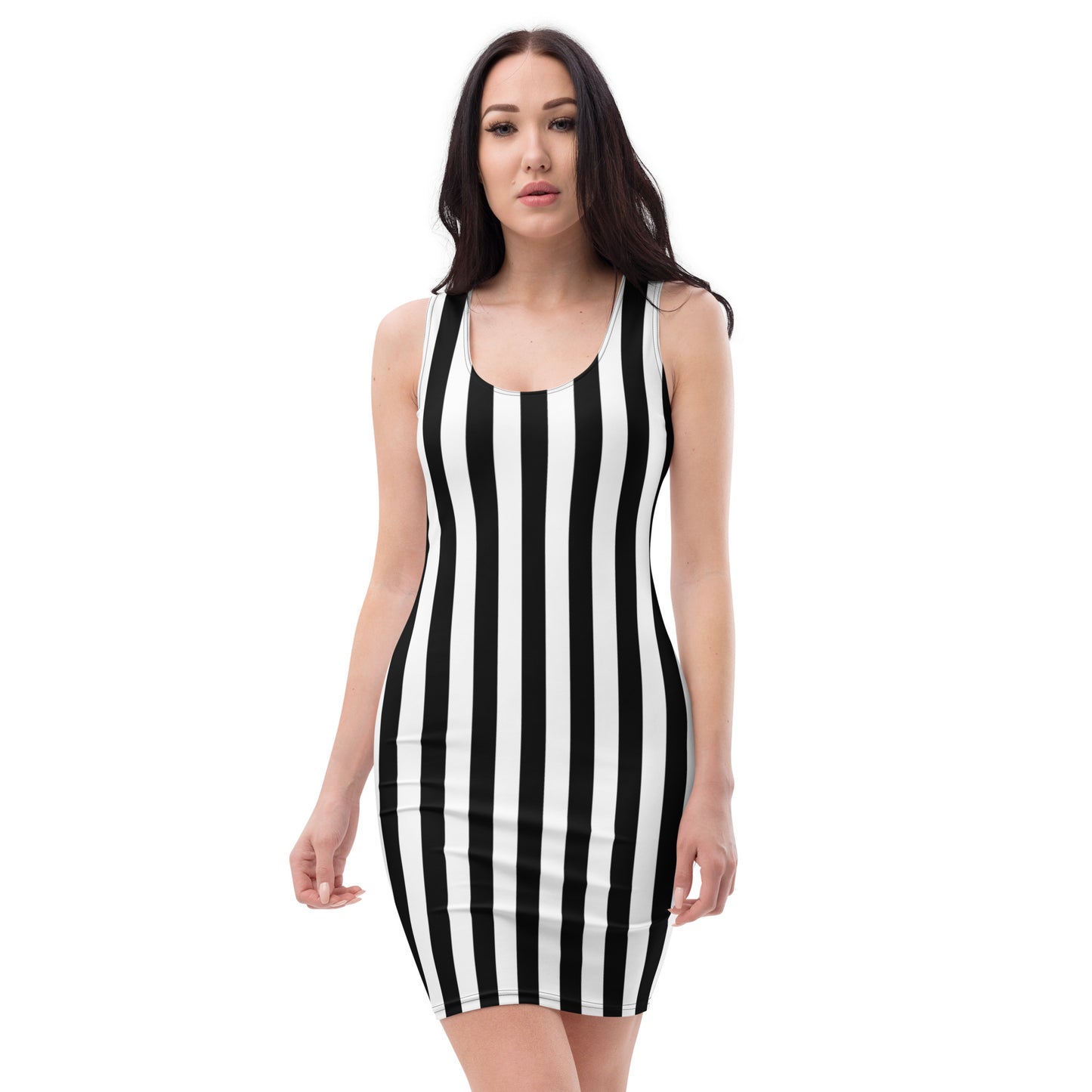 Black White Vertical Stripe Womens Bodycon Dress - Saiko Studio