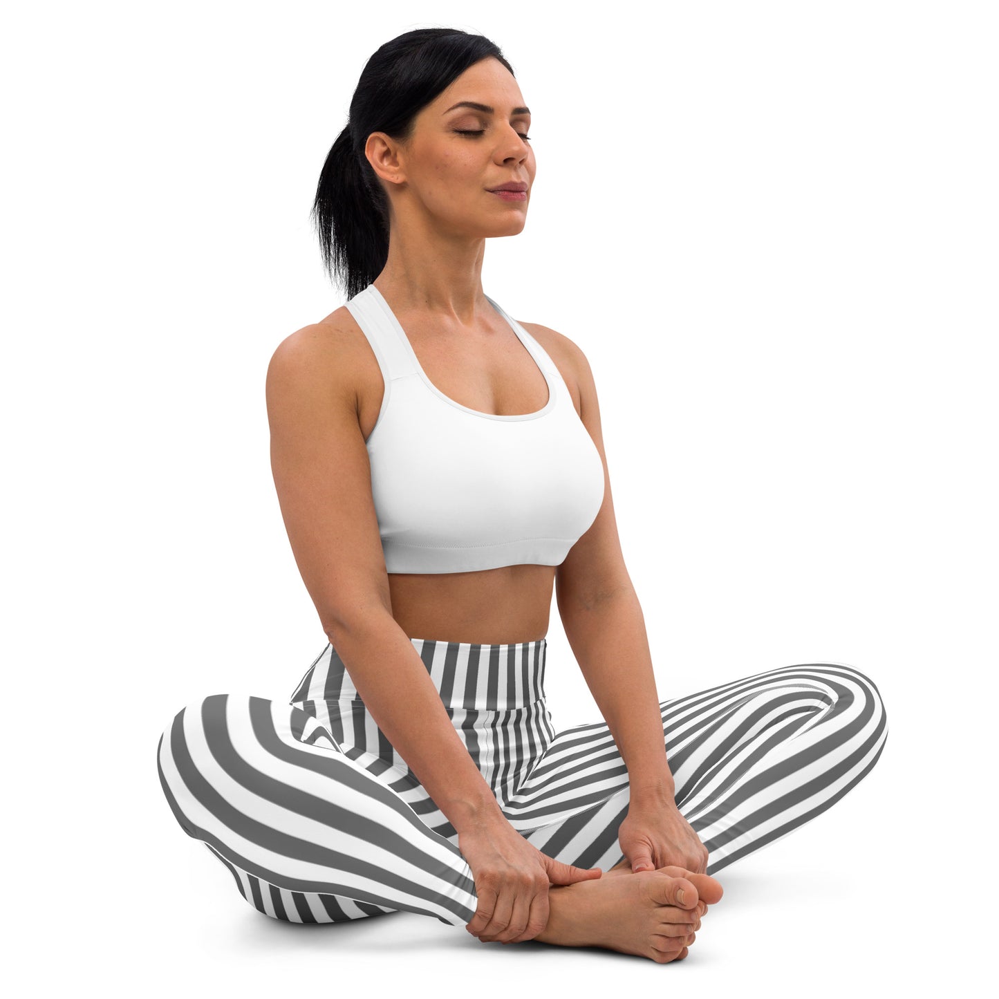 Gray White Vertical Striped High Waist Womens Yoga Leggings - Saiko Studio