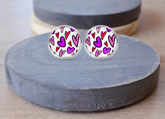 Pink Purple Valentines Hearts Stud Dangle Earrings Necklace Jewelry Set - Post Queen