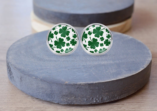 St Patricks Day Green Shamrock Stud Dangle Earrings Necklace Jewelry Set - Post Queen